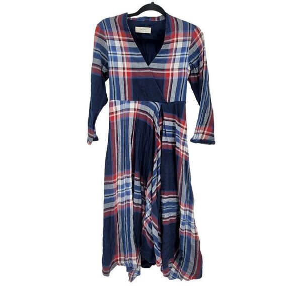 Anthropology Isabella Sinclair Dress Tartan Plaid Handkerchief Midi Blue XS - Picture 6 of 13